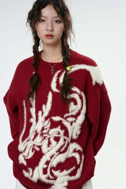 BJHG Year of the Dragon Sweater - Y2K Grunge, 90s Retro, Gothic Y2K, Summer & Party Outfits