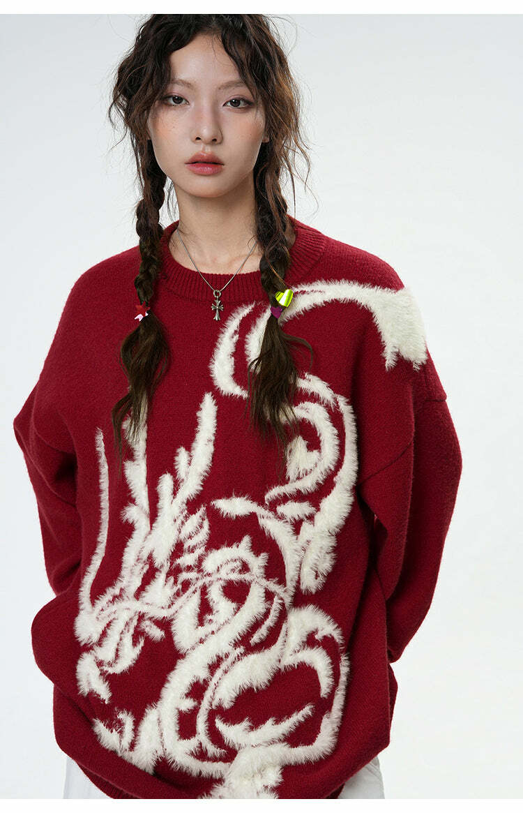 BJHG Year of the Dragon Sweater - Y2K Grunge, 90s Retro, Gothic Y2K, Summer & Party Outfits