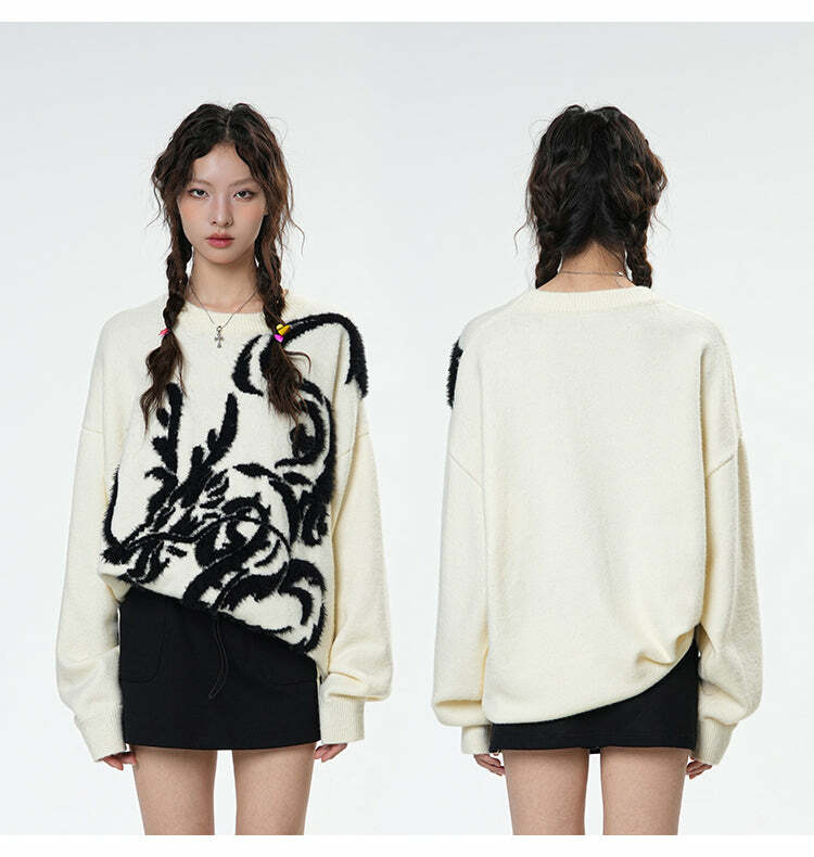BJHG Year of the Dragon Sweater - Y2K Grunge, 90s Retro, Gothic Y2K, Summer & Party Outfits
