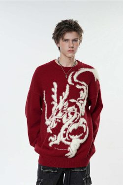 BJHG Year of the Dragon Sweater - Y2K Grunge, 90s Retro, Gothic Y2K, Summer & Party Outfits