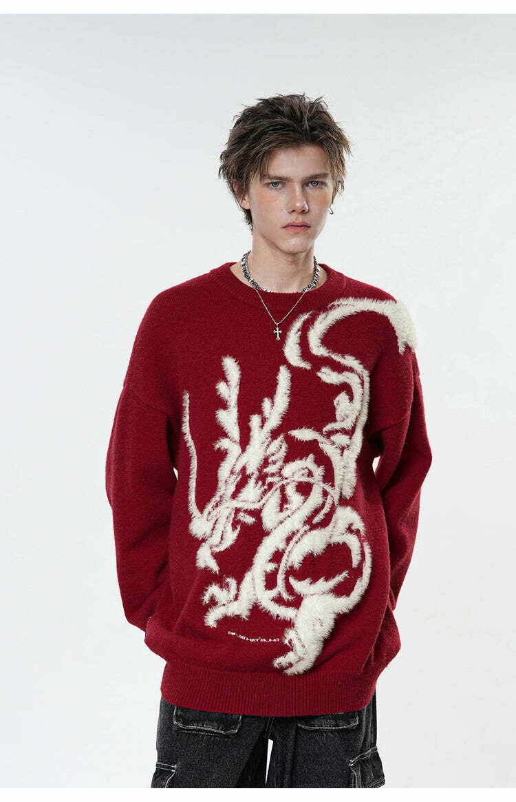 BJHG Year of the Dragon Sweater - Y2K Grunge, 90s Retro, Gothic Y2K, Summer & Party Outfits