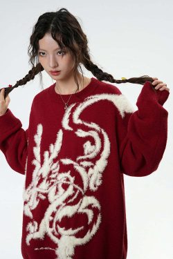 BJHG Year of the Dragon Sweater - Y2K Grunge, 90s Retro, Gothic Y2K, Summer & Party Outfits