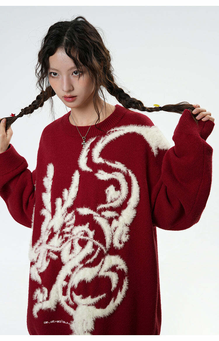 BJHG Year of the Dragon Sweater - Y2K Grunge, 90s Retro, Gothic Y2K, Summer & Party Outfits