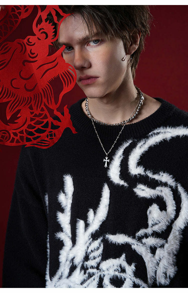 BJHG Year of the Dragon Sweater - Y2K Grunge, 90s Retro, Gothic Y2K, Summer & Party Outfits