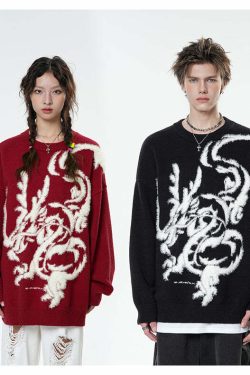 BJHG Year of the Dragon Sweater - Y2K Grunge, 90s Retro, Gothic Y2K, Summer & Party Outfits