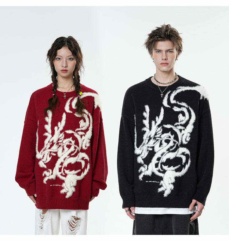 BJHG Year of the Dragon Sweater - Y2K Grunge, 90s Retro, Gothic Y2K, Summer & Party Outfits