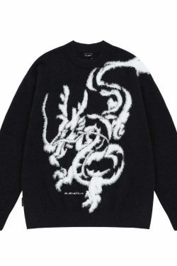 BJHG Year of the Dragon Sweater - Y2K Grunge, 90s Retro, Gothic Y2K, Summer & Party Outfits
