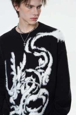 BJHG Year of the Dragon Sweater - Y2K Grunge, 90s Retro, Gothic Y2K, Summer & Party Outfits