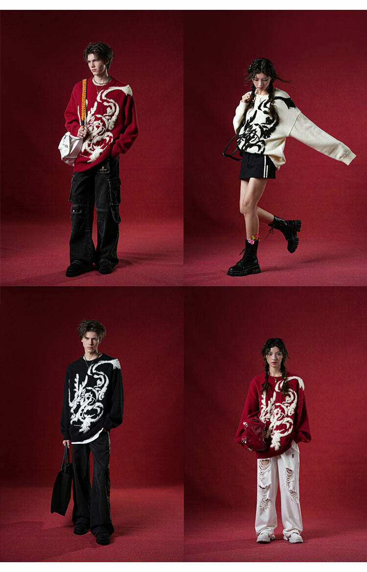 BJHG Year of the Dragon Sweater - Y2K Grunge, 90s Retro, Gothic Y2K, Summer & Party Outfits