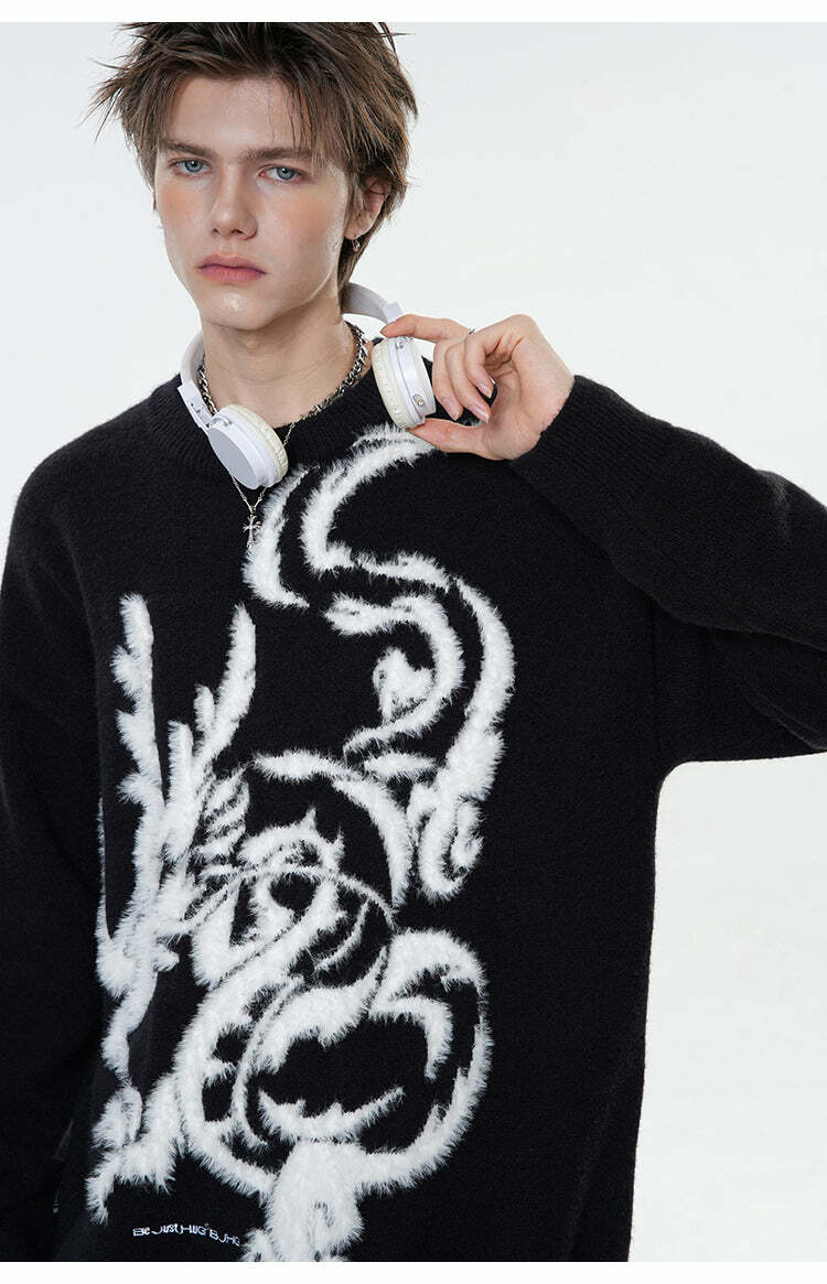 BJHG Year of the Dragon Sweater - Y2K Grunge, 90s Retro, Gothic Y2K, Summer & Party Outfits