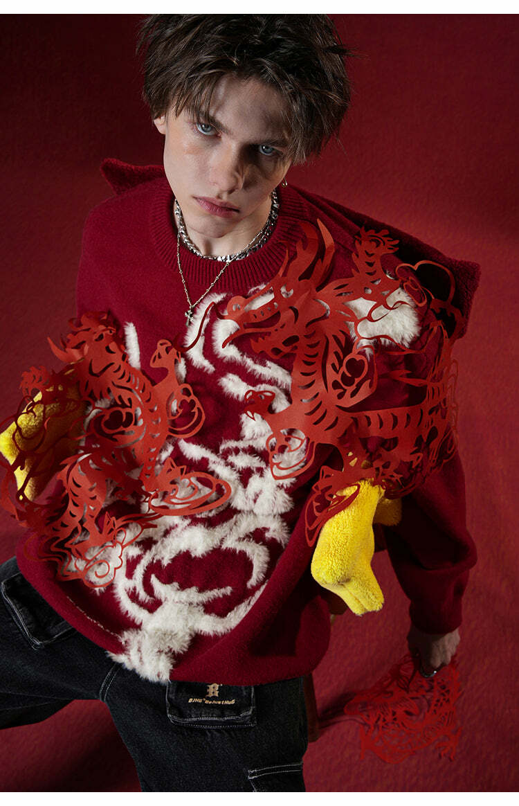 BJHG Year of the Dragon Sweater - Y2K Grunge, 90s Retro, Summer Outfits, Gothic Y2K Fashion
