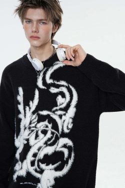 BJHG Year of the Dragon Sweater - Y2K Grunge, 90s Retro, Summer Outfits, Gothic Y2K Fashion