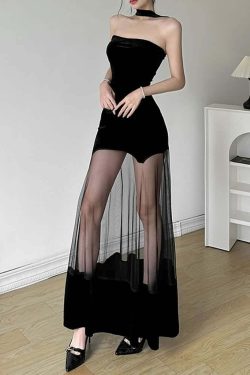 Black Elegant Gothic Velvet Maxi Dress - Y2K Grunge, 90s Fashion, Retro Style, Y2K Party Outfit