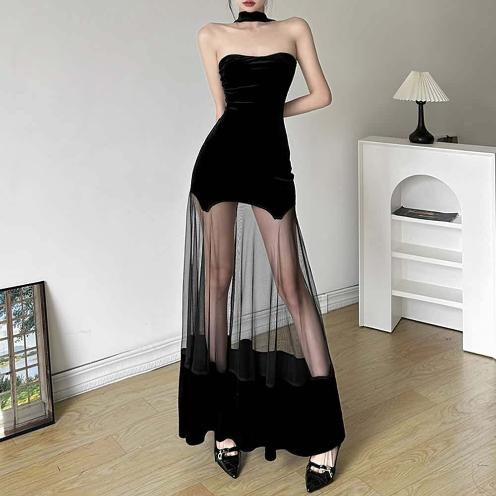 Black Elegant Gothic Velvet Maxi Dress - Y2K Grunge, 90s Fashion, Retro Style, Y2K Party Outfit
