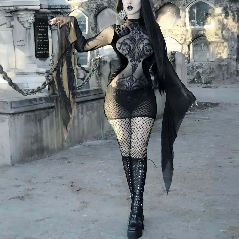 Black Gothic Mesh and Velvet Dress - Y2K Grunge, 90s Fashion, Retro Style, Summer Y2K Outfit