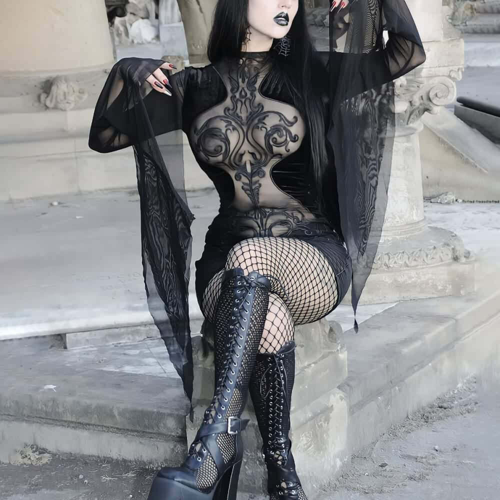 Black Gothic Mesh and Velvet Dress - Y2K Grunge, 90s Fashion, Retro Style, Summer Y2K Outfit