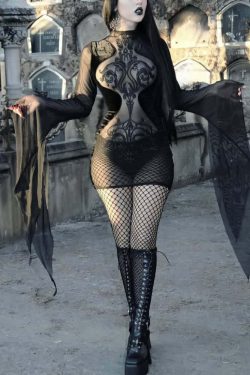 Black Gothic Mesh and Velvet Dress - Y2K Grunge, 90s Fashion, Retro Style, Summer Y2K Outfit