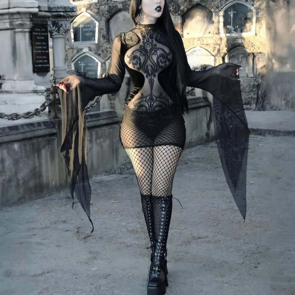 Black Gothic Mesh and Velvet Dress - Y2K Grunge, 90s Fashion, Retro Style, Summer Y2K Outfit