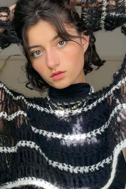 Black Gothic Mesh Sweater with Stripes - Y2K Grunge, 90s Fashion, Retro Goth, Y2K Club Outfit