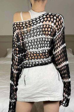 Black Gothic Mesh Sweater with Stripes - Y2K Grunge, 90s Fashion, Retro Goth, Y2K Club Outfit