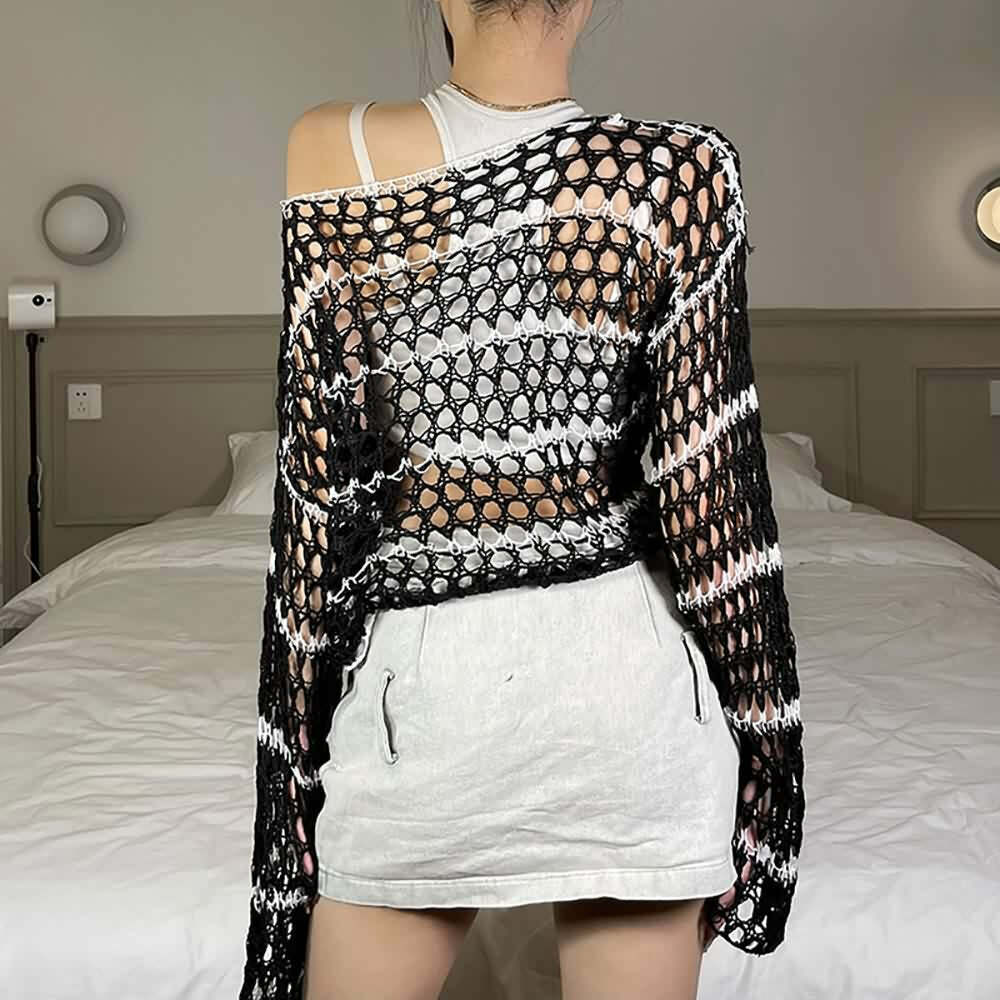 Black Gothic Mesh Sweater with Stripes - Y2K Grunge, 90s Fashion, Retro Goth, Y2K Club Outfit