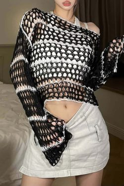 Black Gothic Mesh Sweater with Stripes - Y2K Grunge, 90s Fashion, Retro Goth, Y2K Club Outfit