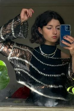 Black Gothic Mesh Sweater with Stripes - Y2K Grunge, 90s Fashion, Retro Goth, Y2K Club Outfit