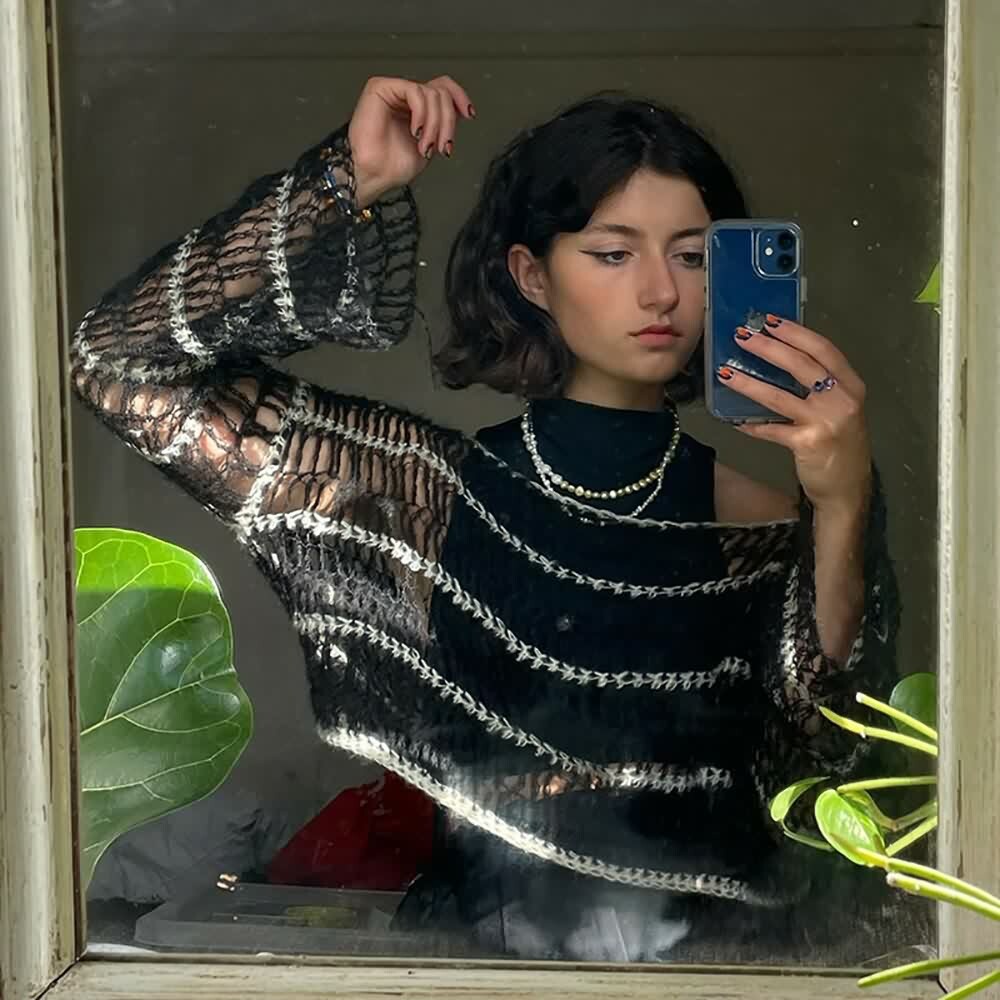 Black Gothic Mesh Sweater with Stripes - Y2K Grunge, 90s Fashion, Retro Goth, Y2K Club Outfit