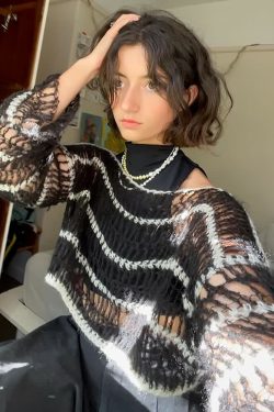 Black Gothic Mesh Sweater with Stripes - Y2K Grunge, 90s Fashion, Retro Goth, Y2K Club Outfit
