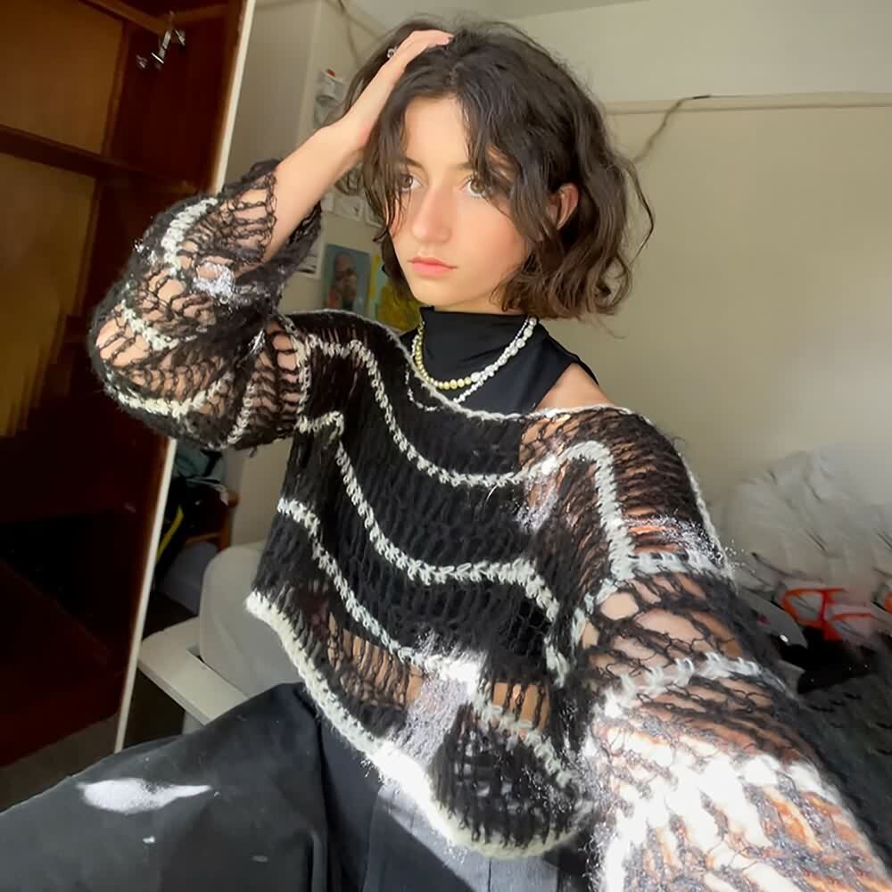 Black Gothic Mesh Sweater with Stripes - Y2K Grunge, 90s Fashion, Retro Goth, Y2K Club Outfit