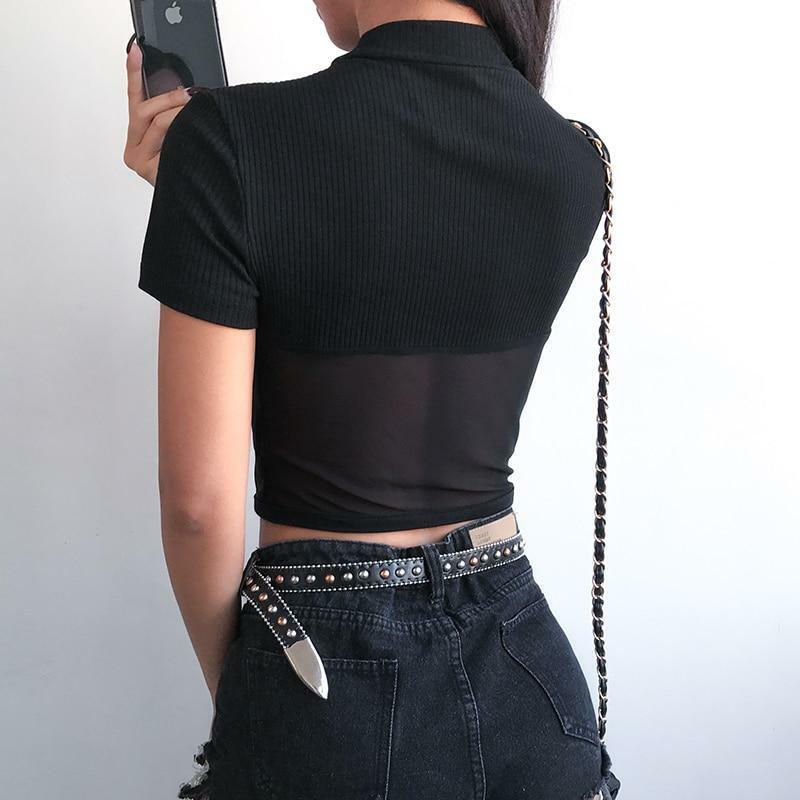 Black Mesh Crop Top - Y2K Summer, 90s Grunge, Retro Goth, Party & Club Outfits