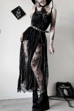Black Romantic Gothic Lace Long Sheer Dress - Y2K Summer, 90s Grunge, Retro Party Outfit