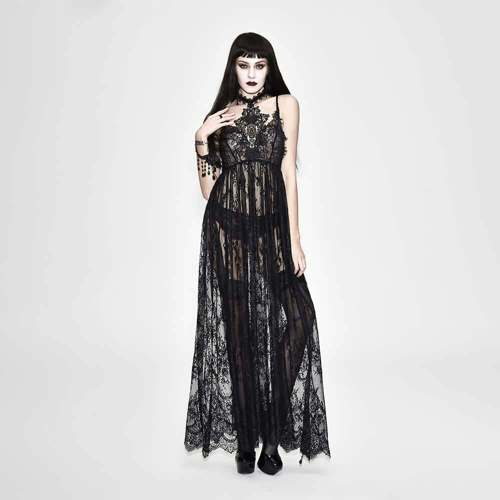 Black Romantic Gothic Lace Long Sheer Dress - Y2K Summer, 90s Grunge, Retro Party Outfit