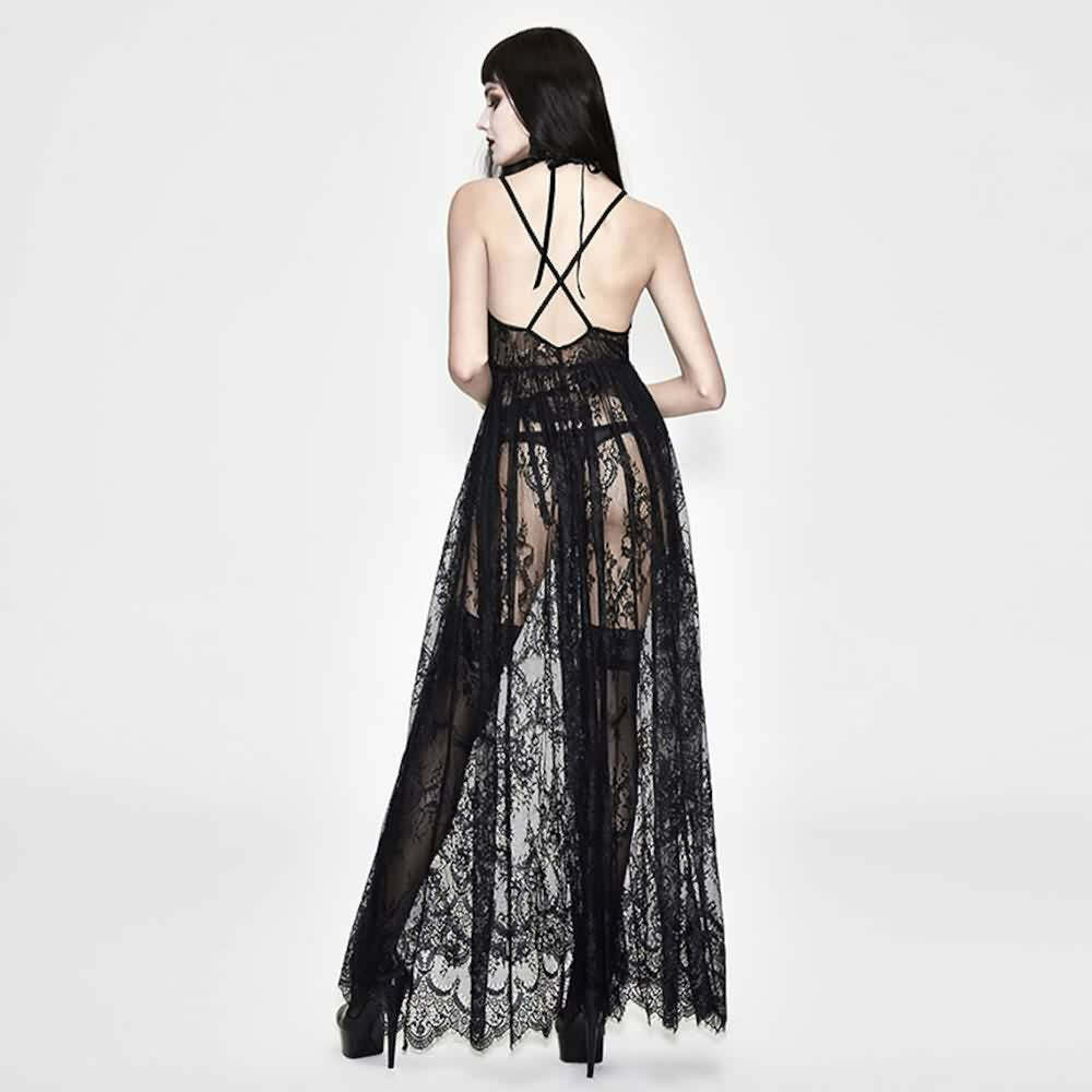 Black Romantic Gothic Lace Long Sheer Dress - Y2K Summer, 90s Grunge, Retro Party Outfit