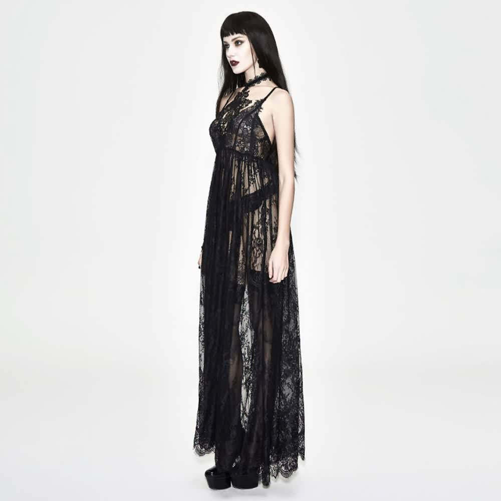 Black Romantic Gothic Lace Long Sheer Dress - Y2K Summer, 90s Grunge, Retro Party Outfit