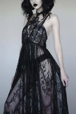 Black Romantic Gothic Lace Long Sheer Dress - Y2K Summer, 90s Grunge, Retro Party Outfit