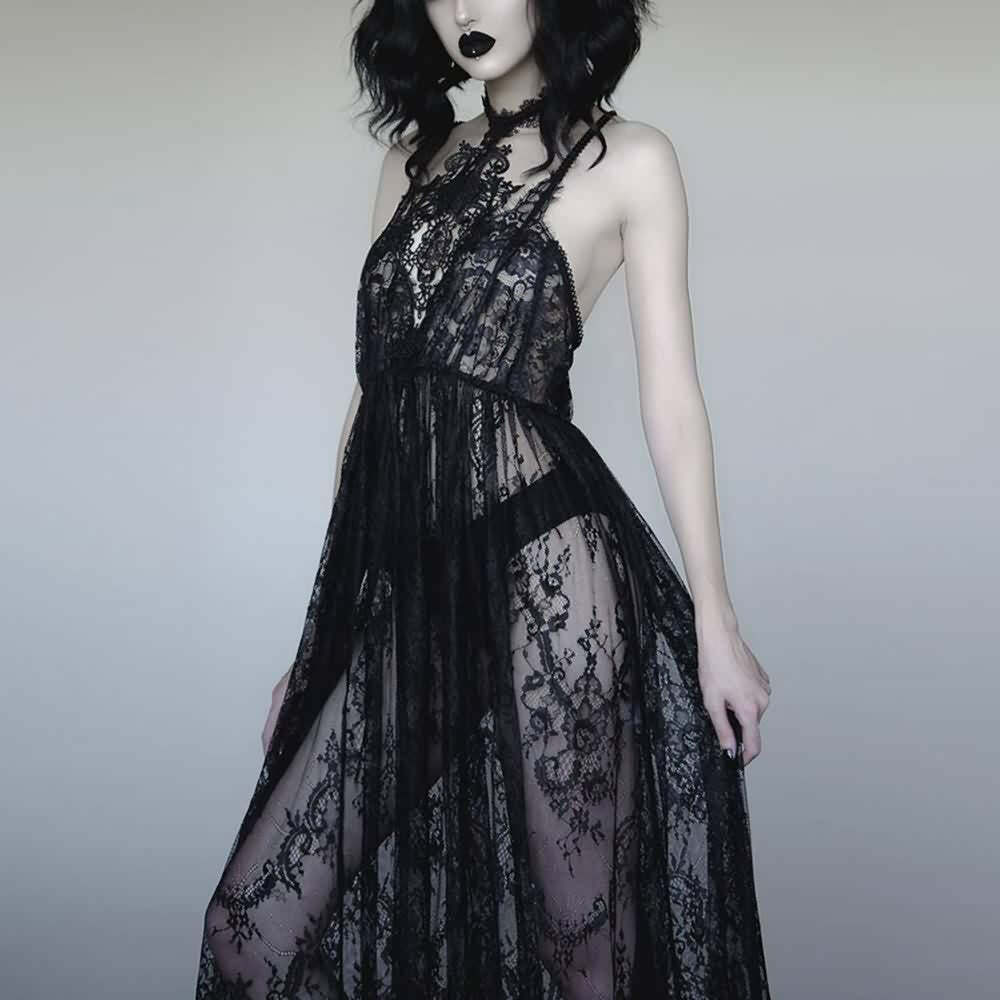 Black Romantic Gothic Lace Long Sheer Dress - Y2K Summer, 90s Grunge, Retro Party Outfit