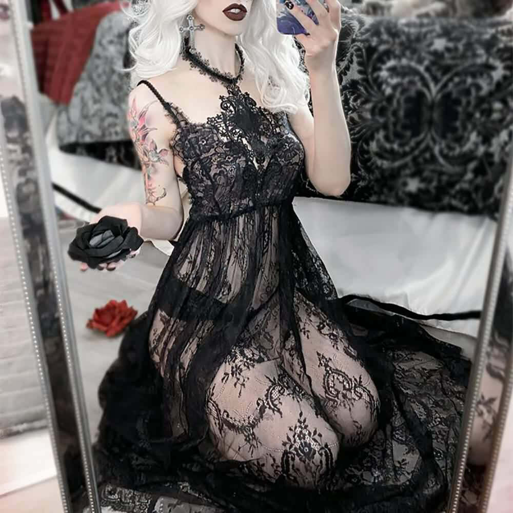 Black Romantic Gothic Lace Long Sheer Dress - Y2K Summer, 90s Grunge, Retro Party Outfit