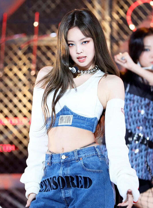 Blackpink Jennie-Inspired Blue Censored Denim Jeans - Y2K Grunge 90s Fashion Retro Style