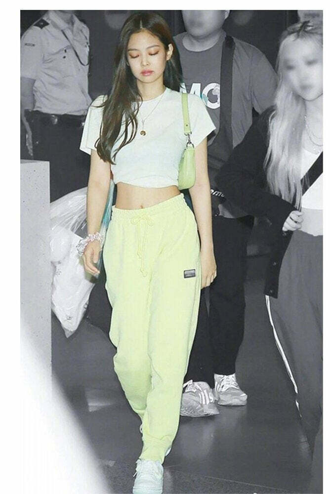 Blackpink Jennie-Inspired Y2K Grunge Yellow/Green Sweat Pants - 90s Retro Summer Outfit