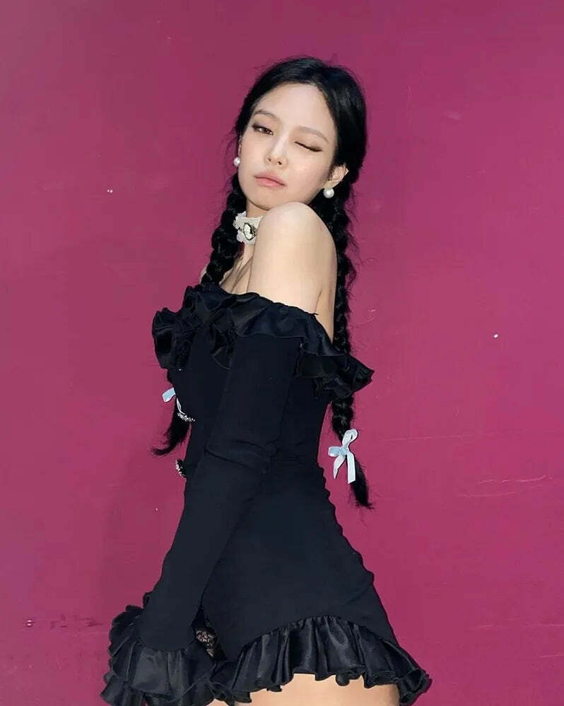 Blackpink Jennie Inspired Y2K Black Ruffled Mini Jumpsuit - 90s Grunge Summer Outfit