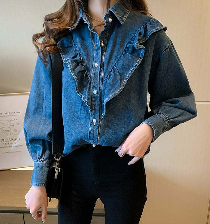 Blackpink Jisoo Inspired Y2K Denim Blouse - 90s Grunge, Retro Summer, Y2K Party Outfit