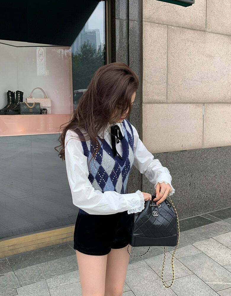 Blackpink Rose Inspired Blue Argyle Vest - Y2K Summer, 90s Fashion, Grunge, Retro Style