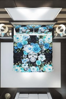 Blue & White Floral Skull Duvet Cover Set - Y2K Grunge, 90s Retro, Gothic Pastel Goth Bedding