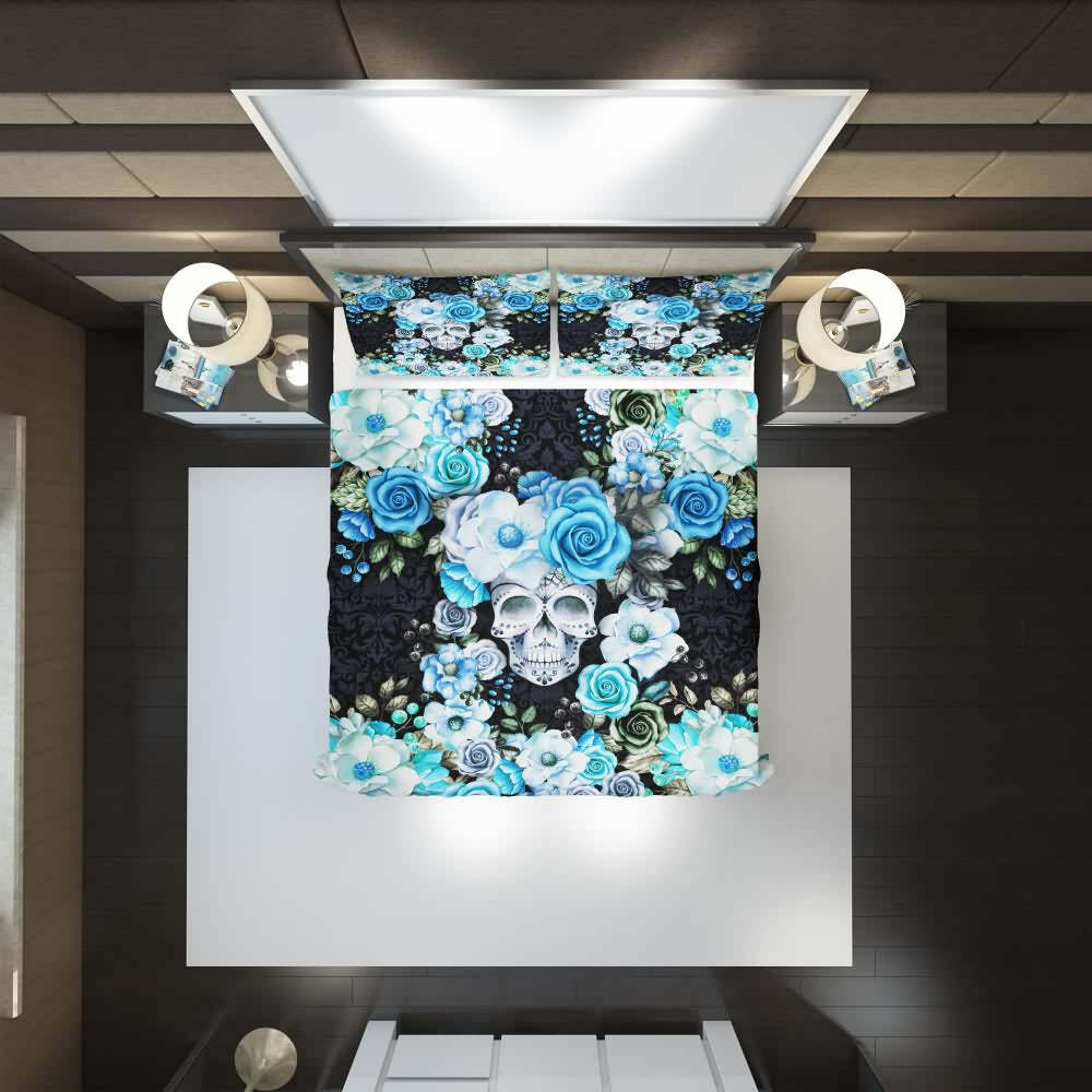 Blue & White Floral Skull Duvet Cover Set - Y2K Grunge, 90s Retro, Gothic Pastel Goth Bedding