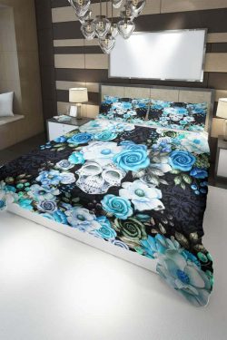 Blue & White Floral Skull Duvet Cover Set - Y2K Grunge, 90s Retro, Gothic Pastel Goth Bedding