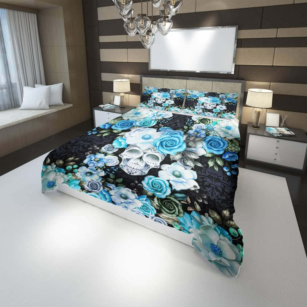 Blue & White Floral Skull Duvet Cover Set - Y2K Grunge, 90s Retro, Gothic Pastel Goth Bedding