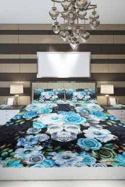 Blue & White Floral Skull Duvet Cover Set - Y2K Grunge, 90s Retro, Gothic Pastel Goth Bedding