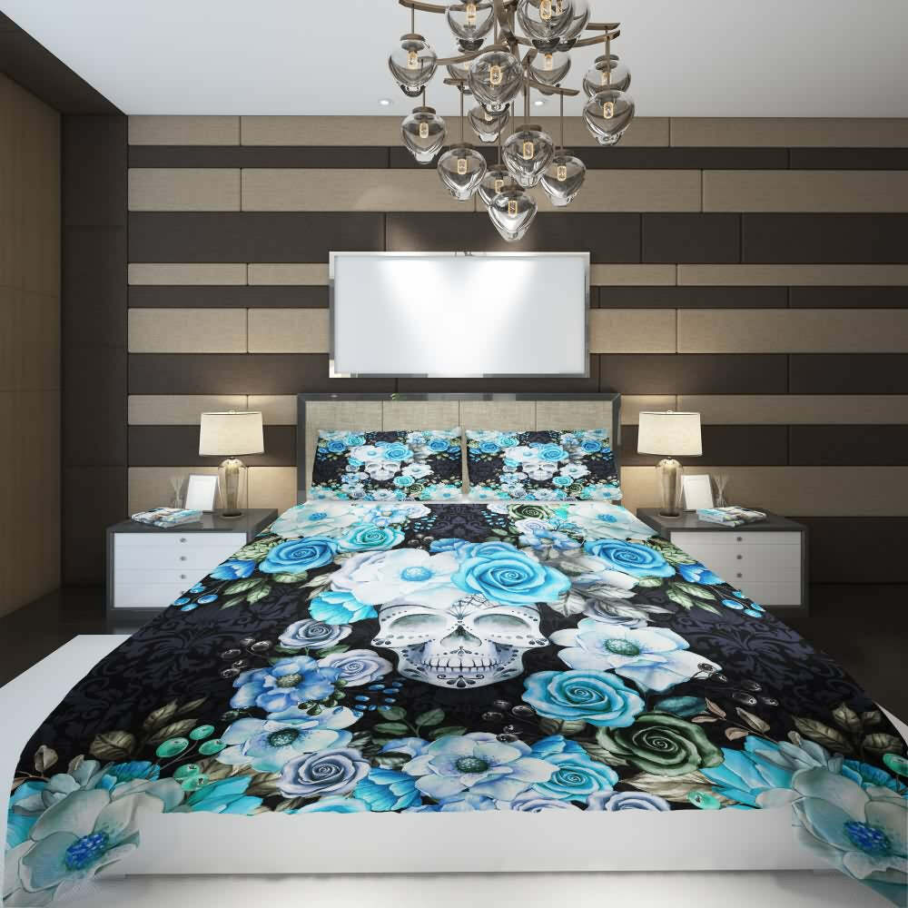 Blue & White Floral Skull Duvet Cover Set - Y2K Grunge, 90s Retro, Gothic Pastel Goth Bedding