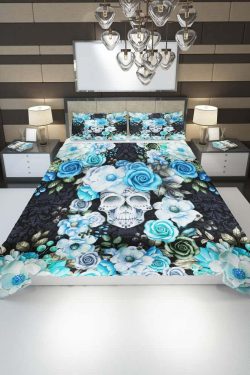 Blue & White Floral Skull Duvet Cover Set - Y2K Grunge, 90s Retro, Gothic Pastel Goth Bedding